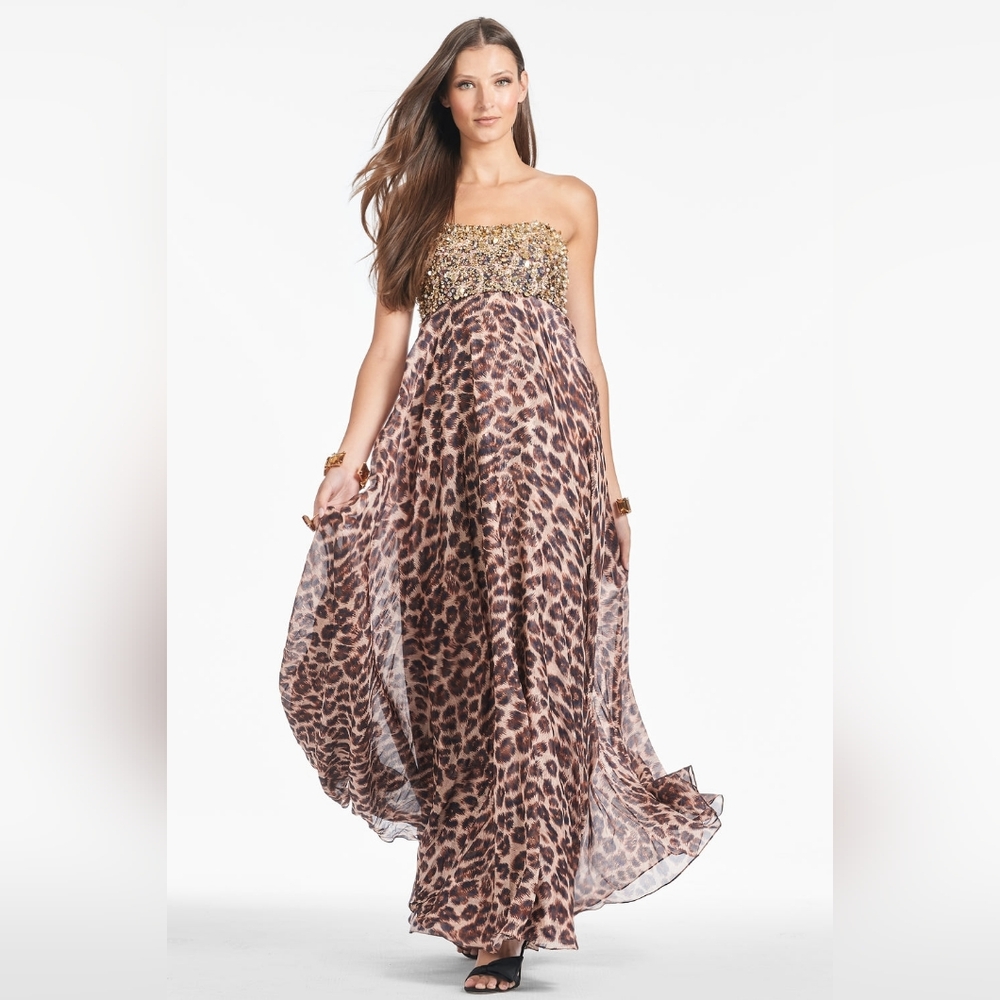 Sachin + Babi Strapless Leopard Print Dress with Gold Details